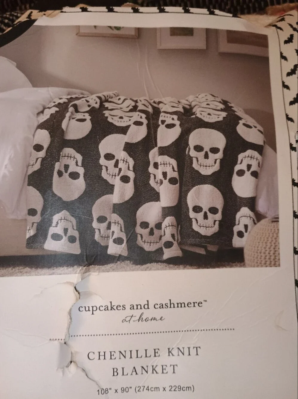 cupcakes & cashmere Black and White Skull Chenille Knit Blanket